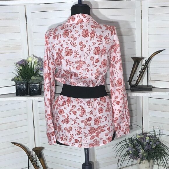 Zara Red Roses Floral Linen Shirt Light Pink XS - Picture 5 of 10